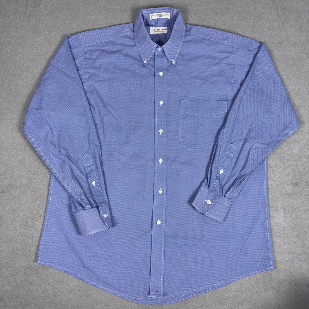 Hathaway Wrinkle Free Blue‎ Pinpoint Oxford Button Down Dress Shirt USA 16 34 L